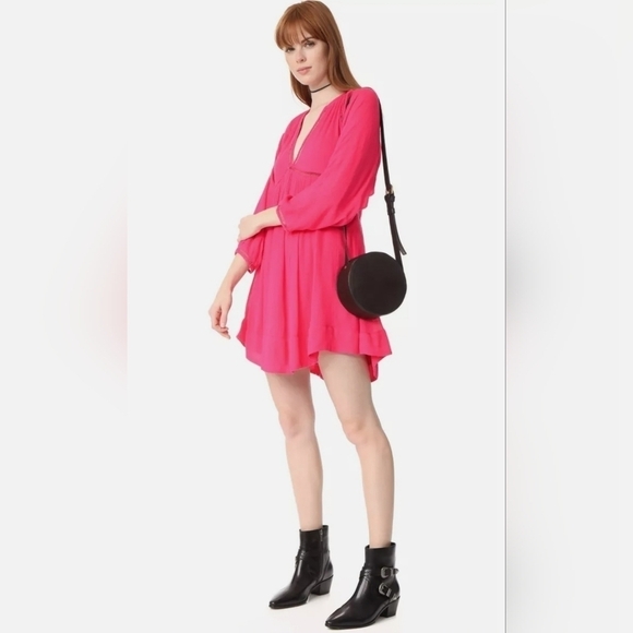 FREE PEOPLE GO LIGHTLY V-NECK 3/4 SLEEVE SWING DRESS HOT PINK SIZE SMALL - Picture 4 of 10